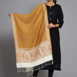 HANDICRAFT PALACE Women Mustard Yellow & Off White Woven Design Wool Stole-image-66