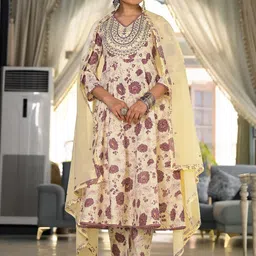 Vishudh Cream Floral Printed Pure Cotton Kurta with Trouser & Dupatta-46