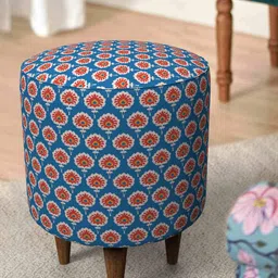 Chumbak French Pouffe Blue & Red Printed Round Ottoman-26