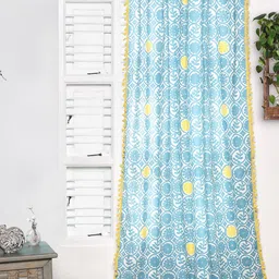 Tranquebar Home Blue & Yellow Floral Printed Room Darkening Cotton Door Curtain-image-17