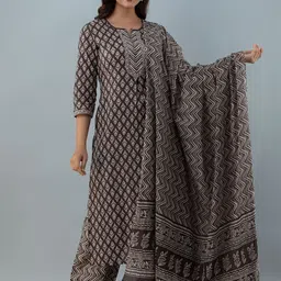 KIMAYRA Women Grey Ethnic Motifs Yoke Design Regular Pure Cotton Kurti with Trousers & With Dupatta-picture-33