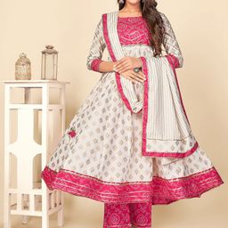 Vbuyz Women Off White Printed Pure Cotton Anarkali Kurta with Trousers & With Dupatta-13