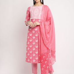 Rajnandini Women Pink Floral Printed Pure Cotton Kurta with Trousers & With Dupatta-image-13