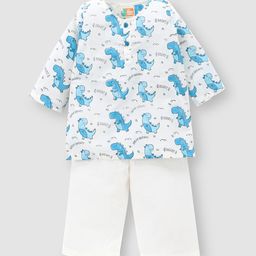 THE BABY LABEL Unisex Kids Blue Pure Cotton Animal Graphics Leo the Dino Hand-Block Print Kurta Pyjama Set-9
