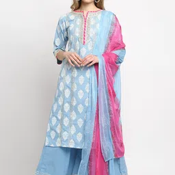 Roly Poly Women Turquoise Blue Printed Gotta Patti Cotton Kurta with Palazzos & Dupatta-23