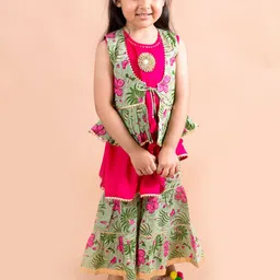 LIL PITAARA Girls Green Floral Printed Gotta Patti Pure Cotton Kurti with Sharara-image-36