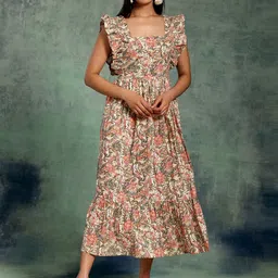 Libas White Floral Printed Flutter Sleeve Gathered Empire Cotton Midi Dress-image-48