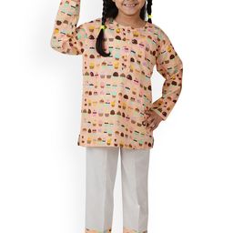 frangipani Unisex Kids Peach-Coloured & White Printed Pure Cotton Night suits-image-14