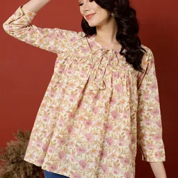 antaran Floral Printed Tie-Up Neck Cuffed Sleeves Gathered Detailed A-Line Cotton Top-picture-30
