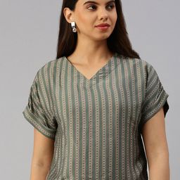 De Moza Geometric Printed V-Neck Extended Sleeves Cotton Linen Top-picture-18