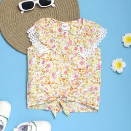 V-Mart Girls Floral Printed Sleeveless Lace-Up Detail Cotton Shirt Style Top-26