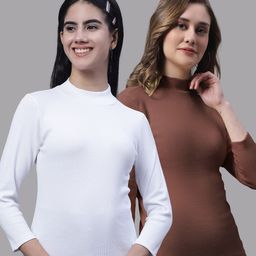 FBAR Pack Of 2 High Neck Ribbed Fitted Skin Friendly Pure Cotton Tops-image-76