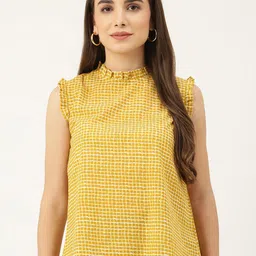 KALINI Checked High Neck Ruffled Cotton Top-57
