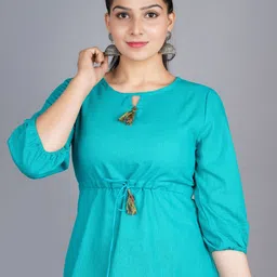BAESD Keyhole Neck Puffed Sleeves Tie-Ups Pure Cotton Cinched Waist Top-image-94