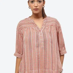 Baawri Checked Mandarin Collar Drop -Shoulder Sleeves Pure Cotton Top-picture-12