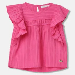 ELLE Girls Round Neck Striped Flutter Sleeve Cotton Top-image-92