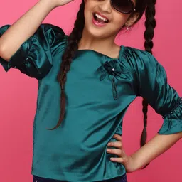 V-Mart Girls Solid Square Neck Bell Sleeve Satin Top-image-49