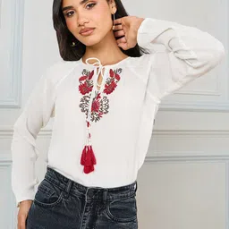 Styli Women Off White Embroidered Panel Tie-Up Neck Top-picture-43