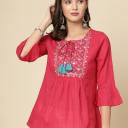 all about you Ethnic Embroidered Tie-Up Neck Bell Sleeves Gathered Cotton Casual Top-image-97