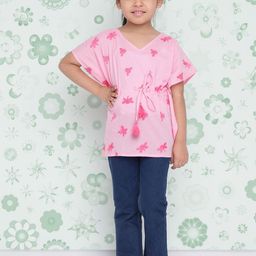 Indo Era Girls Pink Coversational Embroidered V-Neck Flared Sleeves Pure Cotton Kaftan Top-image-88