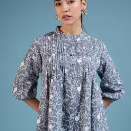 DressBerry Grey Floral Printed Flared Sleeve Cotton A-Line Top-image-40