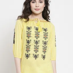 Purple State Ethnic Motifs Print Tie-Up Neck Puff Sleeves Cotton Top-picture-9