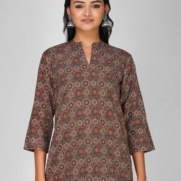 SPARSA Print Mandarin Collar Pure Cotton Top-image-51