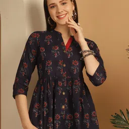 Roly Poly Floral Print Mandarin Collar Cotton Top-image-77