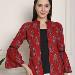 Rajnandini Floral Print Mandarin Collar Three-Quarter Bell Sleeves Cotton Top-picture-41