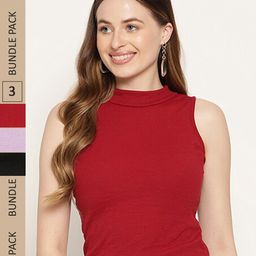 Miaz Lifestyle Pack Of 3 High Neck Sleeveless Fitted Organic Cotton Top-image-1