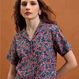 Tokyo Talkies Blue Floral Printed Lapel Collar Short Sleeves Cotton Crop Shirt Style Top-image-36