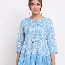 KALINI Floral Printed Tie-Up Neck Pleated Sequinned A-Line Cotton Tunic-picture-6