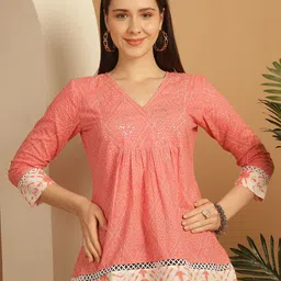 KALINI Bandhani Printed Sequinned Cotton A-line Top-picture-3