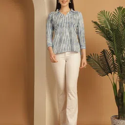 Rajnandini Floral Print Mandarin Collar Ethnic Cotton Top-image-94