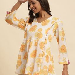 W Floral Printed V-Neck Pure Cotton Top-image-58