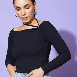 Globus Black One Shoulder Cotton Bardot Top-image-85