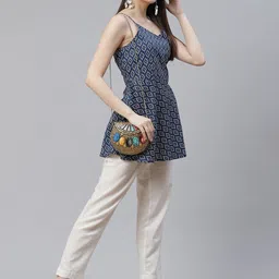 KALINI Ethnic Motifs Printed Shoulder Straps Pure Cotton Longline Peplum Top image 5