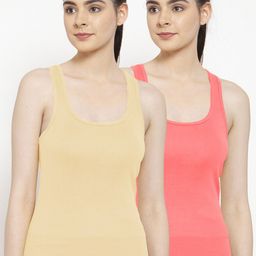 Friskers Women Pack Of 2 Beige & Orange Solid Premium Cotton Camisoles-image-16