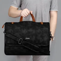 LOREM Unisex Black & Tan Textured Laptop Bag image 2
