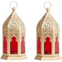 Blue Well Overseas Antique Collection Decorative Hanging Lantern/Lamp with t-Light Candle, set of 2 (Size 10X10X16 CM) Gold Iron Hanging Lantern-picture-6