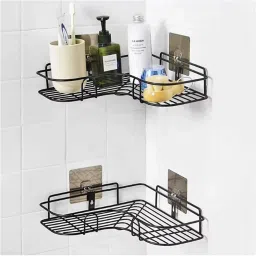 Bathroom Corner Shelf Organizer Storage Hanging Shower Caddy Rack (Black) Iron Wall Shelf-image-98