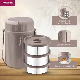 trueware Insulated Hot Lunch Box With 2 SS Container 300 ML & 1 SS Container 200ML 3 Containers Lunch Box image 3
