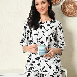 Women Night Suit Set White Printed-image-48