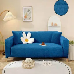 cortina Blue Solid Jacquard 2 Seater Stretchable Sofa Cover-picture-49