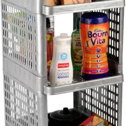 Multipurpose 3-Shelf Office Storage Trolley Rack with Wheels|Gray Plastic Kitchen Trolley-98