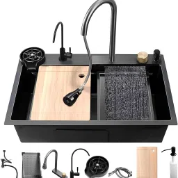 30'' x 18'' x 9'' Waterfall Sink Integrated HONEYCOMB DESIGN 304 Grade With CLASSY BLACK MATT Finish Single Bowl Multifunction Kitchen Sink Vessel Sink-image-75