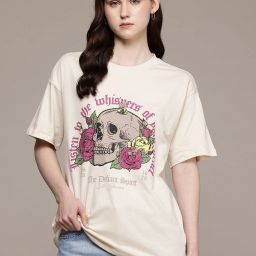 Women Printed Round Neck Pure Cotton Beige T-Shirt-image-35