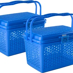 Plastic Pack of 2 Multipurpose Small Storage Box with Lid & Handle | Cobalt Blue Storage Basket-9