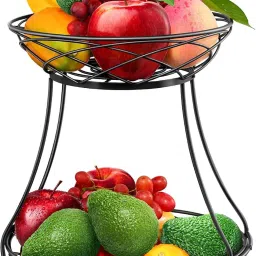 2 Tier Fruit Bowl for Kitchen Counter Fruit Holder-Black Steel Fruit & Vegetable Basket-image-4