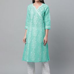 akheri Women Blue & White Chikankari Embroidered Angrakha Straight Kurta-picture-25